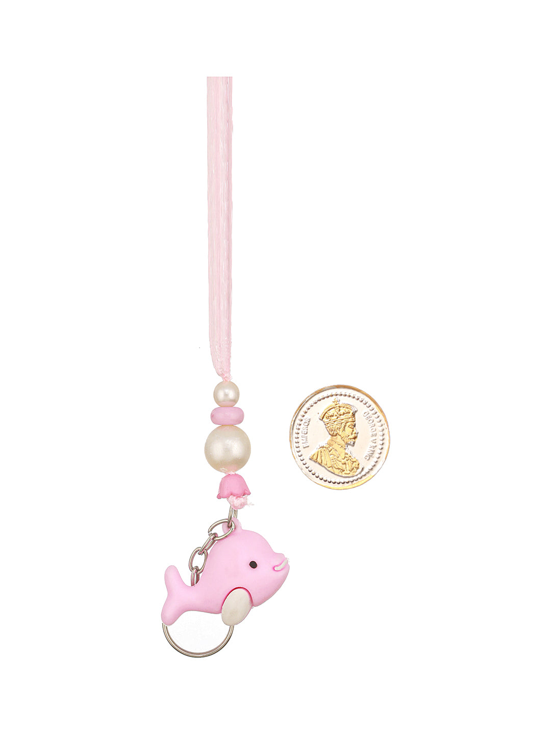 Pink Fish Key Chain Toy Rakhi For Girls with 999 Pure Silver King George 1 gram Silver Coin